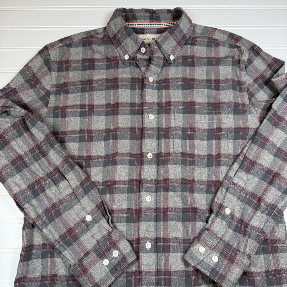 Normal Brand Flannel Button Casual Shirt Men's Medium Plaid Gray Red Cotton GUC‎